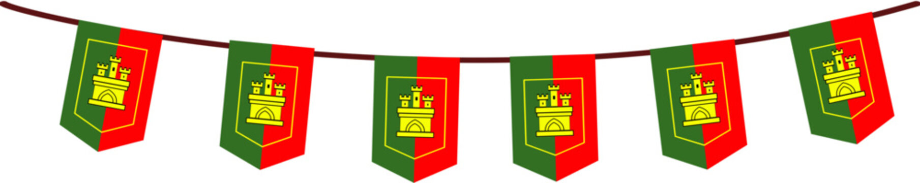 Celebrate la mancha with a festive display of red and green flag buntings, perfect for regional events and cultural celebrations. Vibrant decoration for spanishthemed parties.