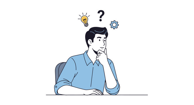 Man thinking with light bulb, question mark, and gears above head.