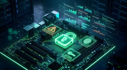 Fototapeta premium Cybersecurity network infrastructure with data visualization and lock icon