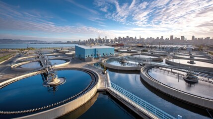 Obraz premium Modern urban wastewater treatment plant with aeration tanks and clarifiers against a city skyline