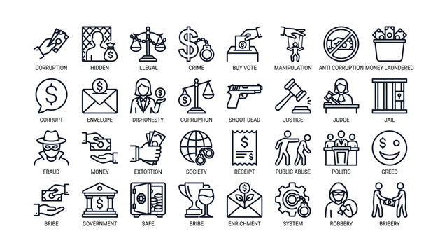 Black and white line icons depicting various corruption and crime concepts
