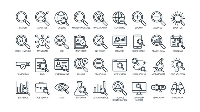 Black and white line icons for search and investigation concepts