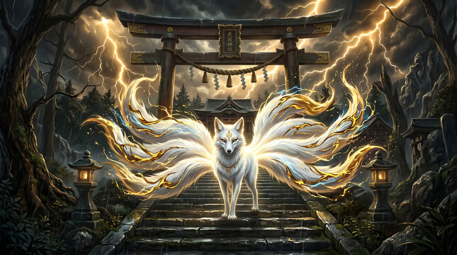 Majestic white nine tailed fox spirit stands powerfully upon stone temple stairs featuring glowing golden fur patterns under a dramatic dark sky filled with intense electric lightning strikes and stor