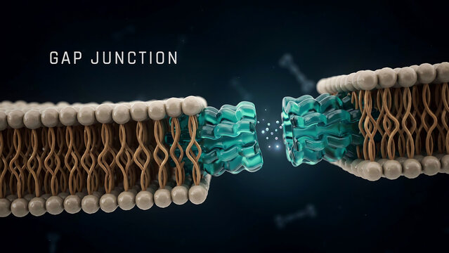 Gap junction between two cell membranes with connexon channels and connexin proteins facilitating direct intercellular communication and exchange of molecules