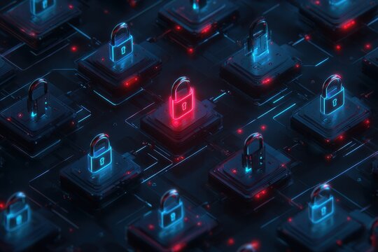 Neon blue security locks with a single red highlight signaling a cyber breach &acirc;&euro;&rdquo; digital illustration