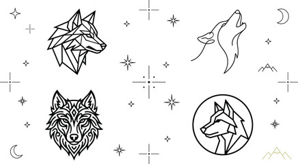 Geometric Wolf Head and Howling Wild Animal Vector Icon Set with Stars © PJ DeSign