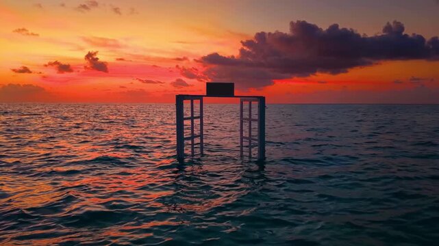 A window in the indian ocean during a beautiful sunset with orange and yellow clouds, calm sea and sunlight as a travel concept