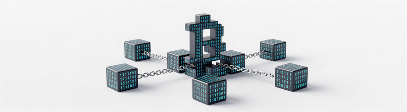 generate photorealistic image detailed blockchain network composed interlocking binary code blocks chains clean white studio