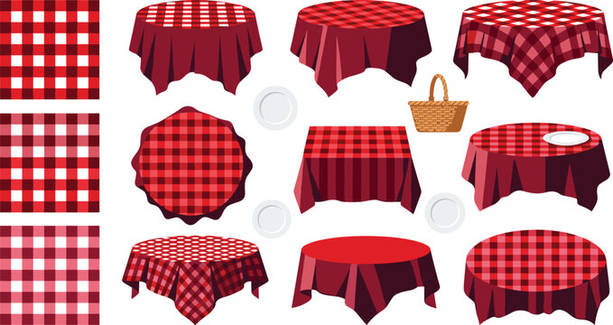 Red Gingham Checkered Tablecloth Vector Set Featuring Picnic Tables, Seamless Patterns, Round Cloths, Basket, and Plates for Summer Dining Graphics