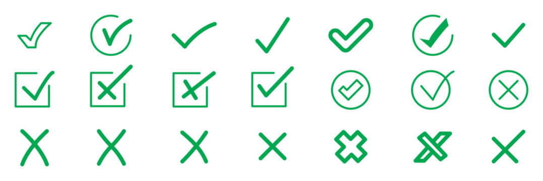 Set of green and black check marks with single and double ticks in various circular and square shapes. right and wrong buttons and yes or no checkmark icons. Set of green checkmark, red cross, x mark