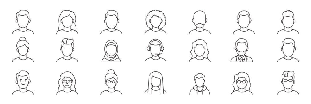 user profile avatar linear line icon set. Set of user profile and business avatar line icons representing people, roles, and team concepts on transparent background