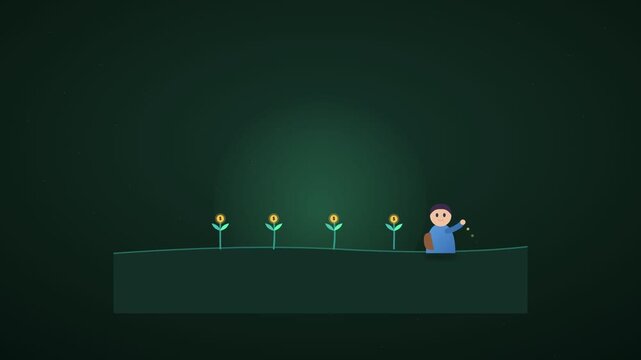 A cartoon character standing on a platform in a dark video environment with a small plant