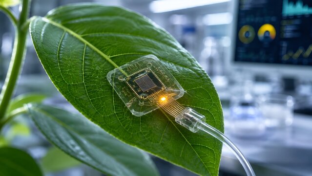 Close up of a futuristic electronic bio sensor chip attached to a fresh green plant leaf inside an agritech laboratory for real time crop health monitoring