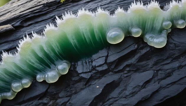 Detailed macro texture of glowing green crystal quartz druzy on black slate