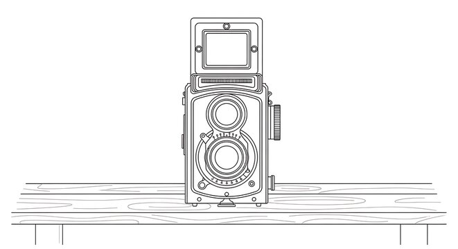 Clean line art drawing of a vintage twin lens reflex camera resting on a wooden table