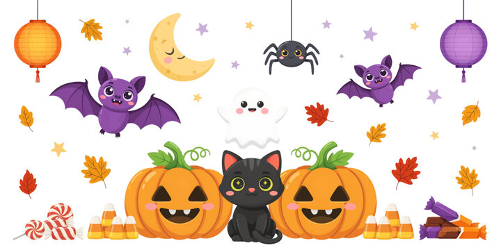 Halloween Black Cat with Pumpkins Bats Spider Moon Lantern Autumn Leaves Cartoon Vector Illustration