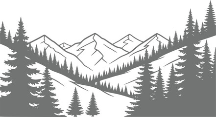 A minimalist monochrome featuring a scenic mountain range framed by a dense forest of pine trees in a classic outdoor style © Anjuman_42