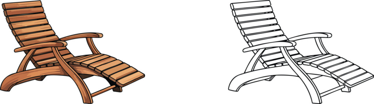 Wooden sun lounger chair illustration & outline set isolated on transparent background 