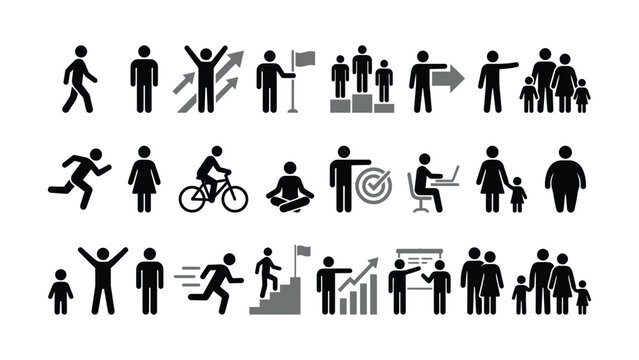 Stick figure icons of people in various activities and professions on white background
