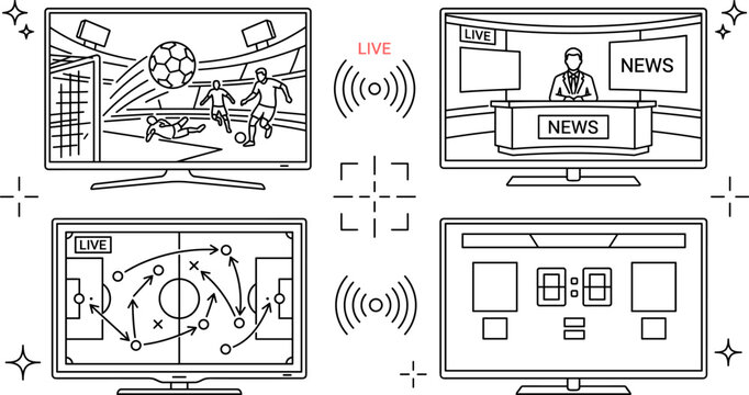 Live Broadcasting Television Screen Set with Sports News and Match Scoreboard Icons