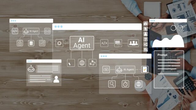 Digital Workspace Concept Featuring AI Agent with User Interfaces, Data Flow Charts, and Collaboration Elements on Wooden Table Background. Entropy.