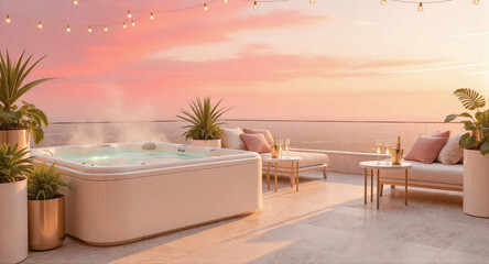 Obraz premium Luxury rooftop terrace with a steaming jacuzzi, champagne glasses, and cozy loungers under string lights at sunset. Romantic getaway retreat featuring outdoor spa, tropical plants, and panoramic city