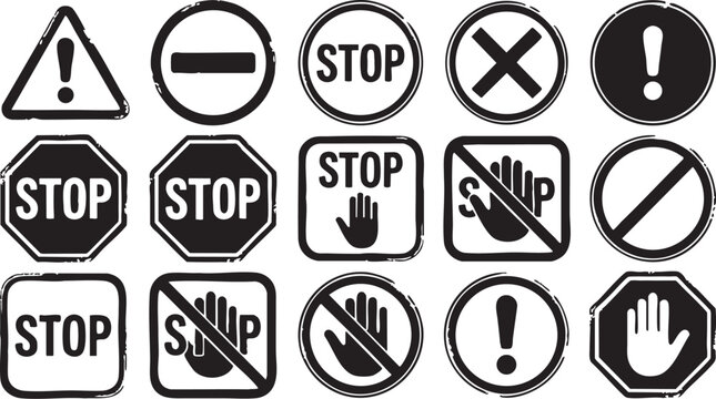 Vector stop signs and prohibition symbols in black and white illustration for design