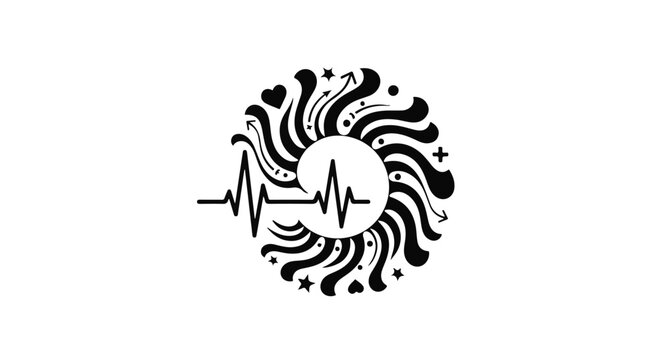 Heartbeat line integrates into a sunburst pattern representing health and vitality.