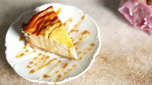 Cheesecake sweet dessert, slice of cake tasty snack fresh delicious gourmet food background on the table rustic food, top view copy space
