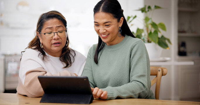 Teaching, woman and senior mother with tablet in home, homepage setup or system review for bonding. Tech education, learning or Asian people with advice for digital literacy, app navigation or smile