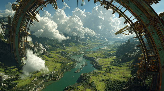 Gigantic steampunk portal overlooking lush valley