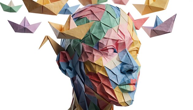 Creative mind with colorful origami birds flying out, symbolizing imagination and inspiration