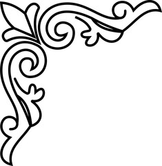 Fototapeta premium Decorative corner frame icon with vintage border, floral ornament and geometric corner symbols, outline style vector elements isolated on transparent background