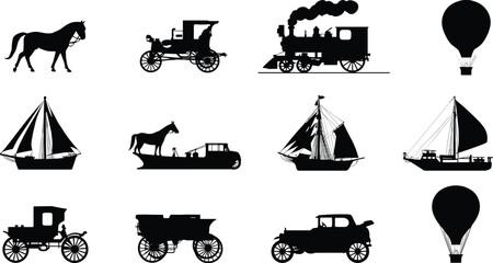 Historical transportation silhouettes featuring horse, carriage, steam locomotive, sailboats, automobiles, and hot air balloons © MdReazul