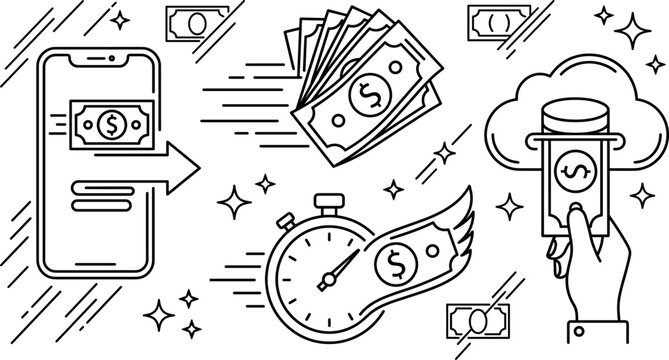 Mobile Banking and Fast Money Transfer Vector Icon Set with Cash Symbols