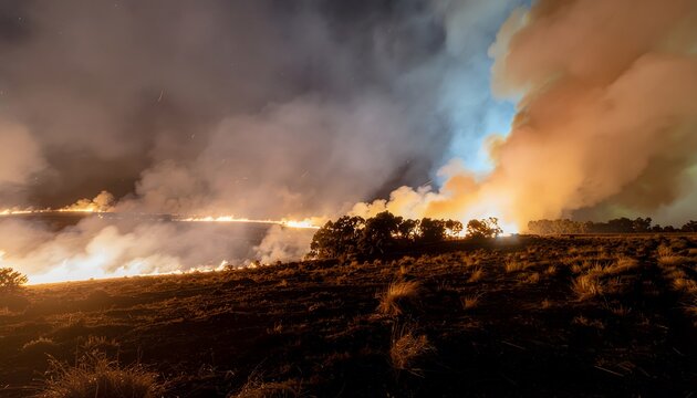 Dramatic night wildfire burning across a vast field with bright flames and massive smoke columns rising into a starry night sky, highlighting an environmental disaster or bushfire crisis.
