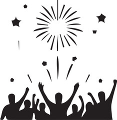 Fototapeta premium Black silhouette of a crowd celebrating with fireworks and confetti isolated on white background