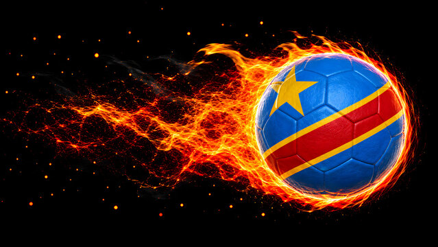 A soccer ball featuring the flag of the Democratic Republic of the Congo engulfed in intense flames against a dark background, symbolizing passion for sports.