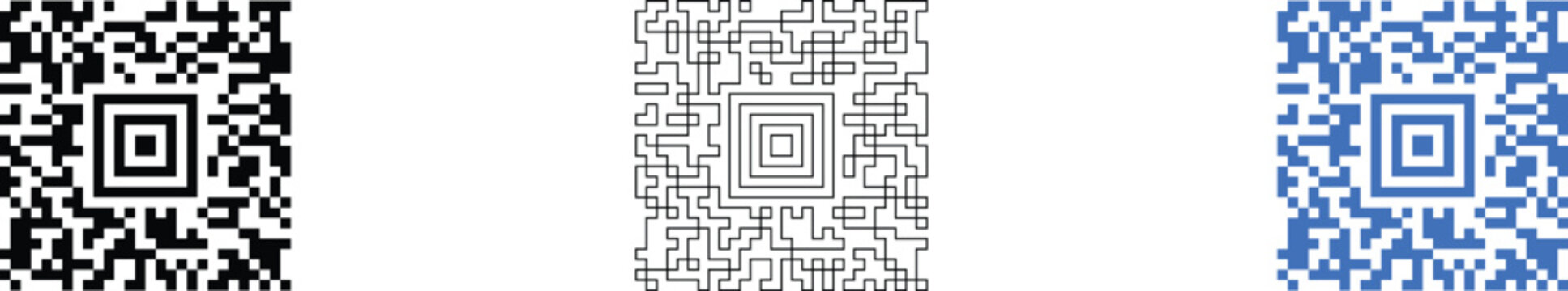 Three QR Code Variants Black Outline Blue Square Scan Vector Set
