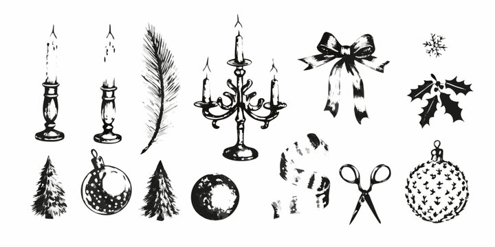 Vintage Engraving Collection Of Holiday Decorations And Festive Objects