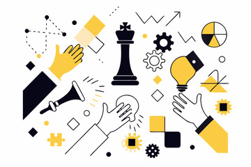 Business Strategy Illustration With Chess Piece Gears And Hand Symbols © Bipul