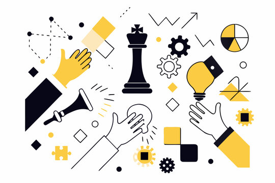 Business Strategy Illustration With Chess Piece Gears And Hand Symbols