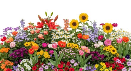Obraz premium Vibrant and colorful garden flower border featuring sunflowers, lilies, tulips, daisies, and poppies isolated on a white background
