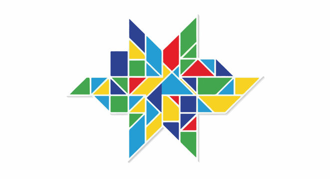 Geometric star pattern composed of colorful abstract shapes and lines