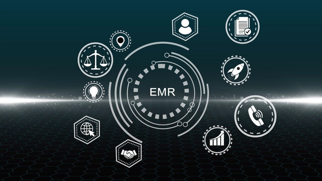 blue matrix binary code forms the acronym EMR , symbolizing the concept of Electronic