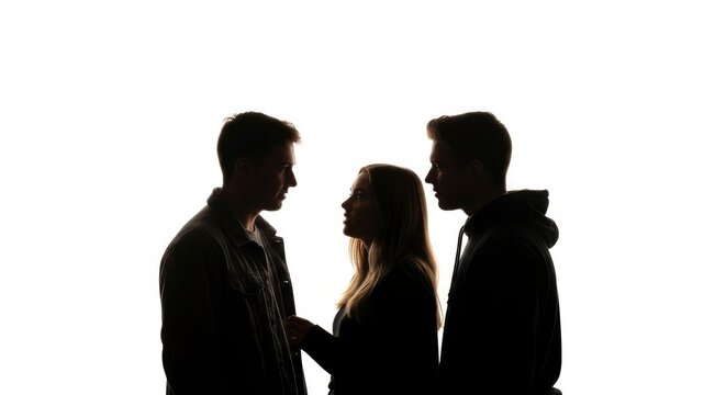 Silhouette of two men and one woman in a tense confrontation or discussion against a white background