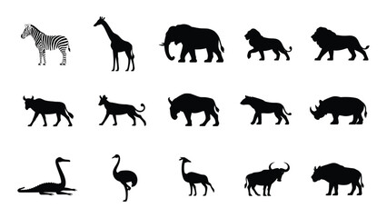 Obraz premium Set of african wildlife silhouettes featuring various exotic animals isolated on a clean white background