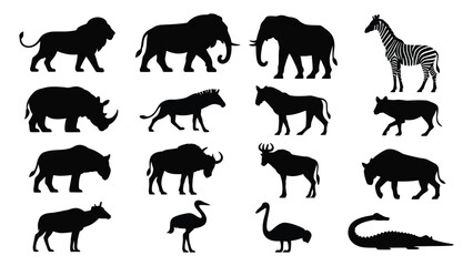 Fototapeta premium Set of african wildlife silhouettes featuring various animals for creative design projects