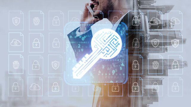 Professional Man Using Smartphone with Digital Lock Icons and Abstract Key Design Representing Security in Modern Technology and Business Communication. Entropy.