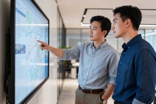Two men discussing map on large screen